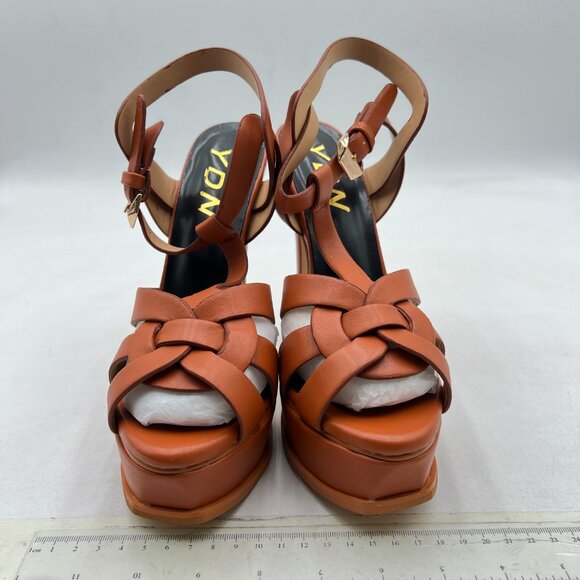 YDN Tan Brown Strappy High Heeled Platform Sandals Peep Toe T-strap Dress Shoes - Picture 3 of 8